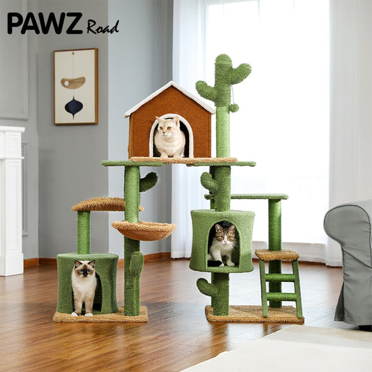 DIY Cactus Cat Tree Houses Hummock Fully Wrapped Scratching Post Wood Climbing Tower