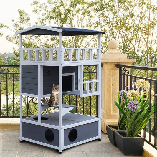 4-Floor Solid Wood Cat House with Condo, Villa with Litter Box Space Fun Entrances, Perch for Outdoor Indoor, Grey